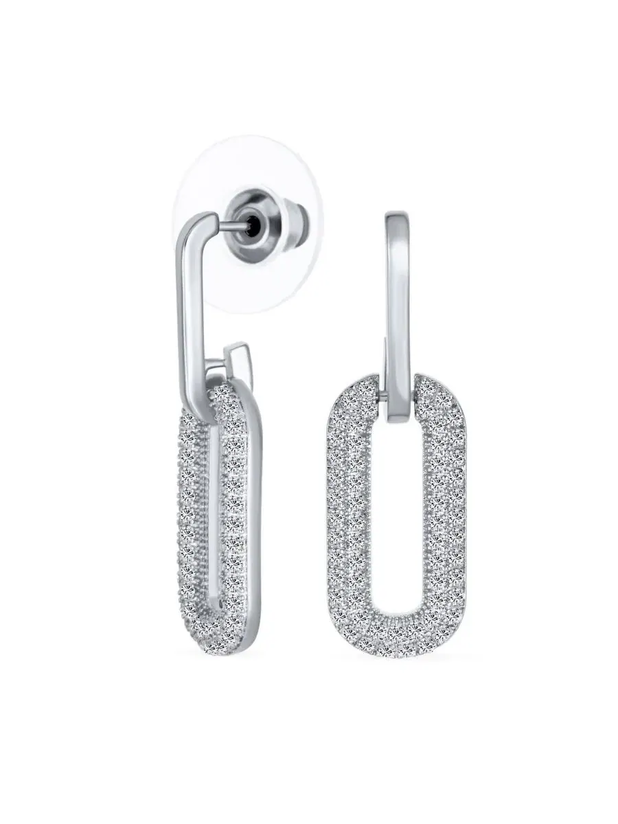 Серьги-подвески из латуни с покрытием родием и фианитами, модель Geometric Vertical U Oval Micro