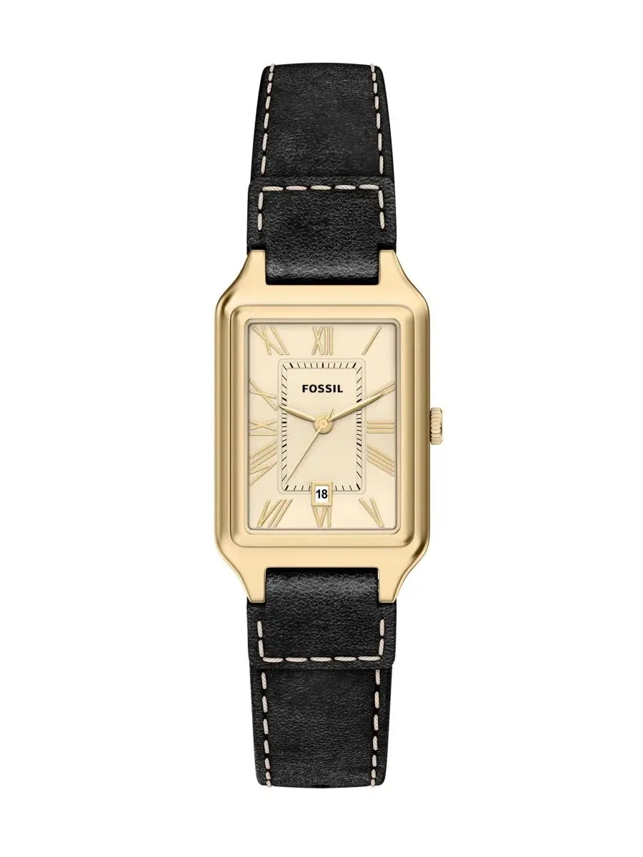 Женские часы Raquel Three-Hand Date с черным кожаным ремешком, 23 мм Fossil — изображение 1 из 6, оттенок черный/золотистый