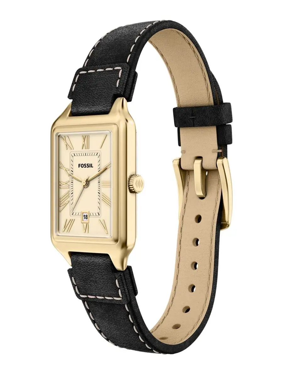 Женские часы Raquel Three-Hand Date с черным кожаным ремешком, 23 мм Fossil — изображение 5 из 6, оттенок черный/золотистый