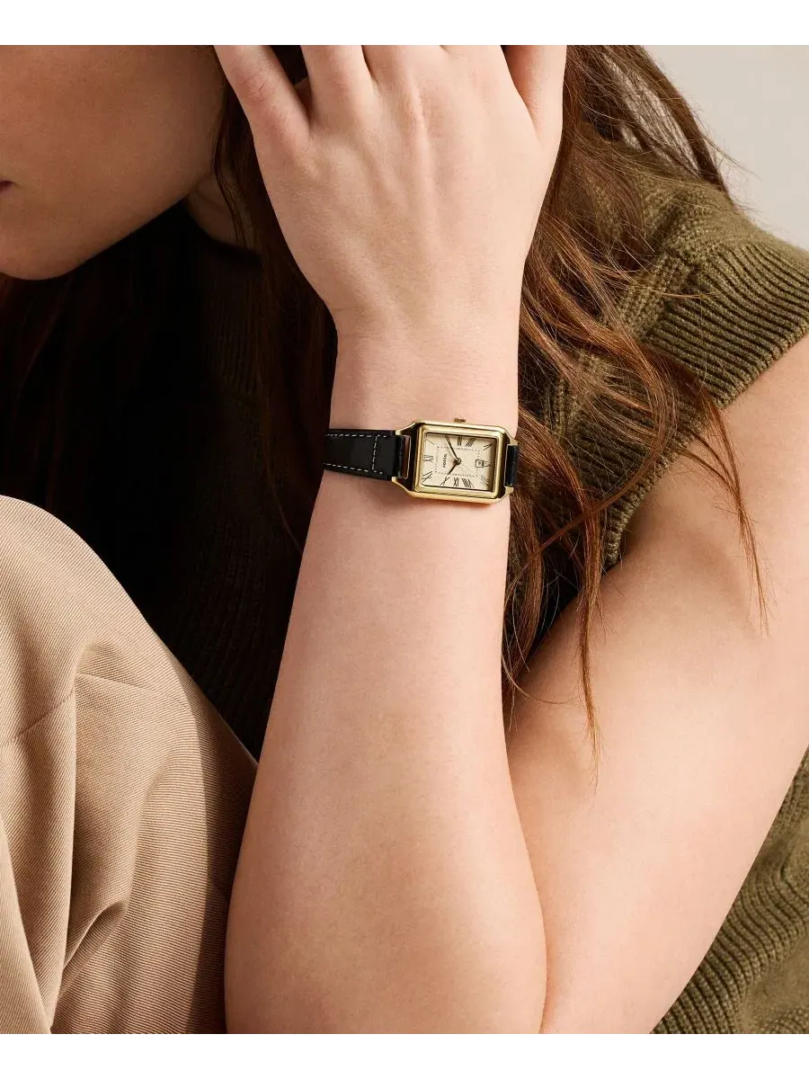 Женские часы Raquel Three-Hand Date с черным кожаным ремешком, 23 мм Fossil — изображение 6 из 6, оттенок черный/золотистый
