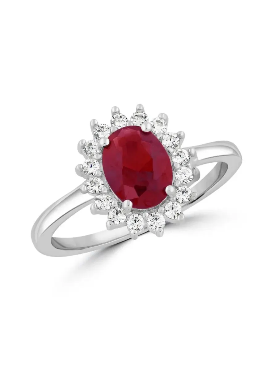Кольцо с рубином и фианитами Oval Ruby Halo CZ Flower Design Simona — изображение 1 из 4, оттенок красный