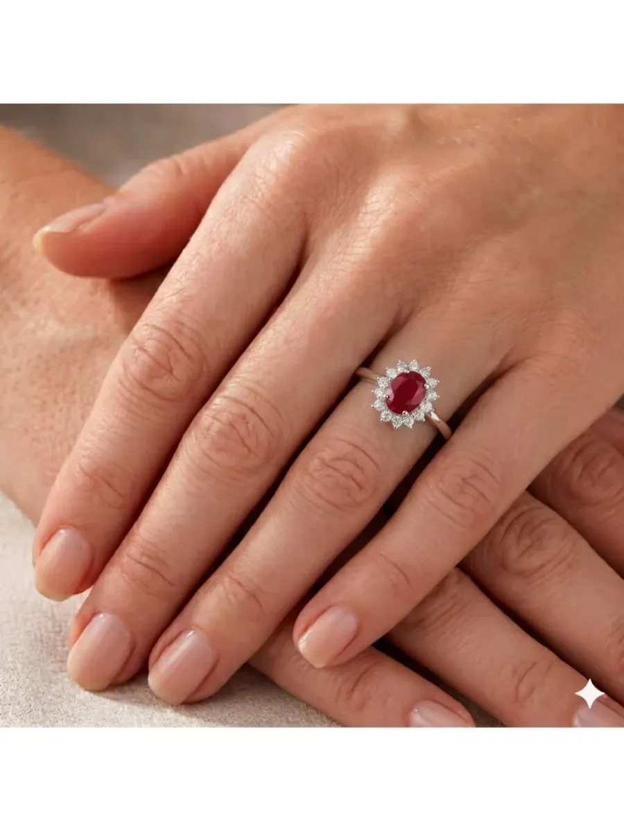 Кольцо с рубином и фианитами Oval Ruby Halo CZ Flower Design Simona — изображение 3 из 4, оттенок красный