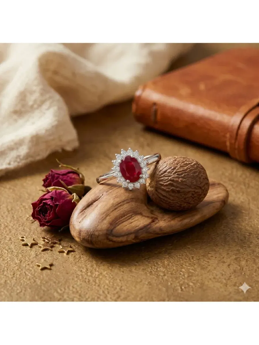 Кольцо с рубином и фианитами Oval Ruby Halo CZ Flower Design Simona — изображение 4 из 4, оттенок красный