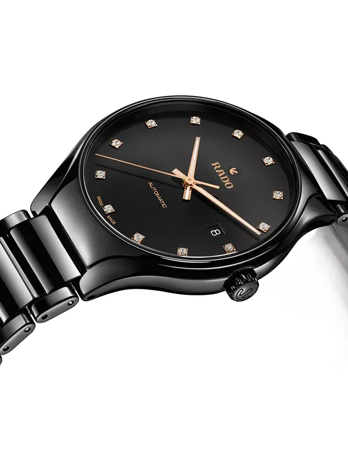 Унисекс-часы Swiss Automatic с настоящими бриллиантами (0,125 карата) на черном керамическом — изображение 2 из 12