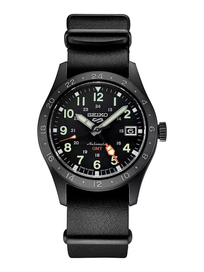 Мужские автоматические часы 5 Sports GMT с черным кожаным ремешком, 39 мм Seiko
