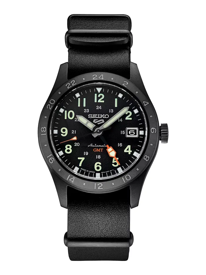 Мужские автоматические спортивные часы с функцией GMT на черном кожаном ремешке 39 мм Seiko