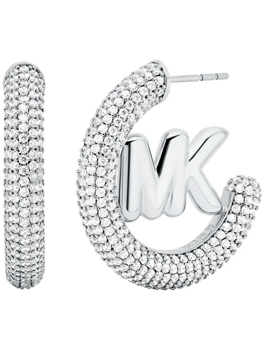 Серьги-кольца серебристого цвета с инкрустацией бриллиантами Michael Kors — изображение 1 из 3, оттенок серебряный