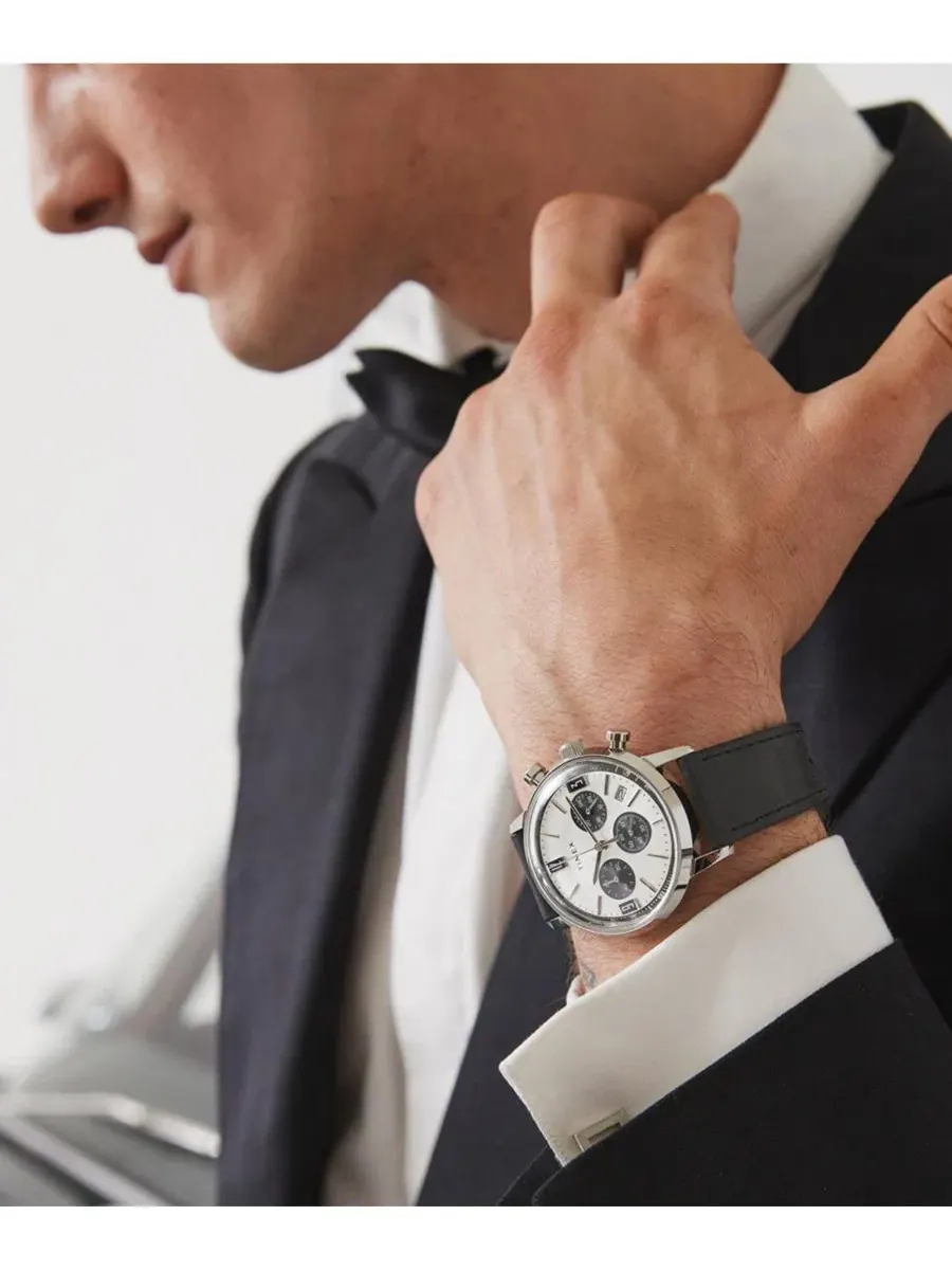 Мужские часы-хронограф с черным кожаным ремешком, 40 мм Timex — изображение 6 из 7, оттенок черный