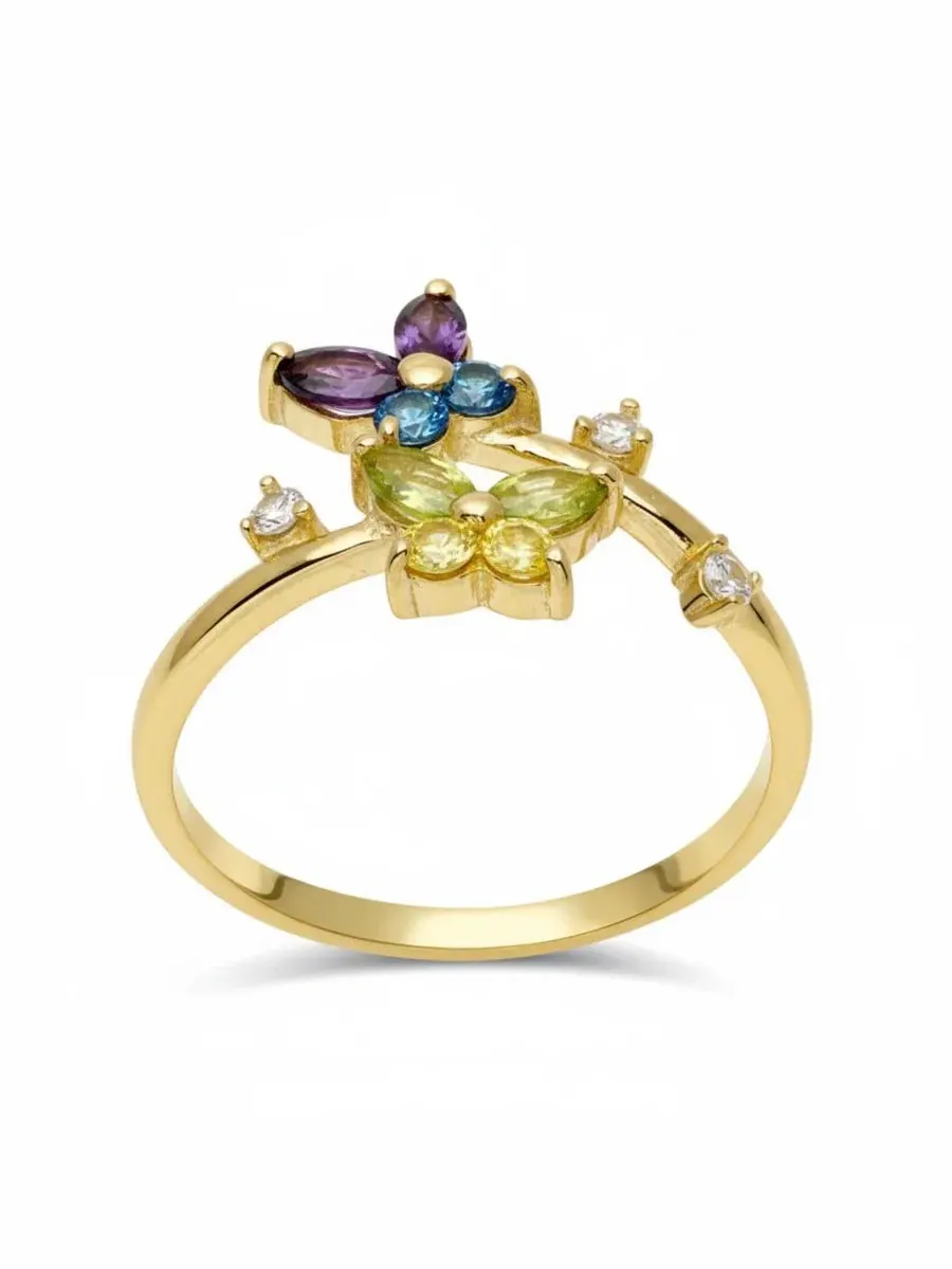 Кольцо на палец ноги в виде бабочки из цельного 10-каратного золота с разноцветными кубическими — изображение 3 из 4