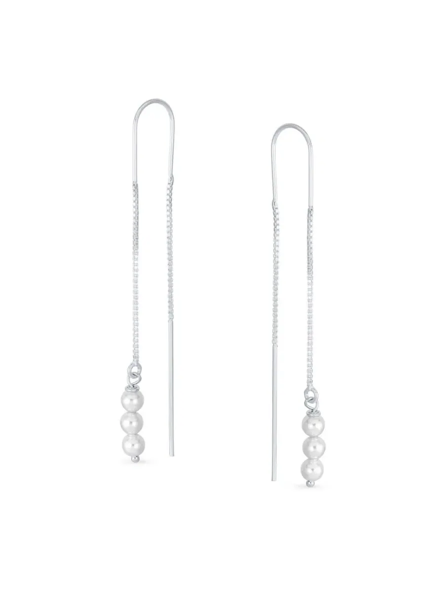 Серьги-нити с жемчугом Minimalist Pearl Beads Threader Earrings Sterling Silver Stabilizing U Hook — изображение 3 из 4
