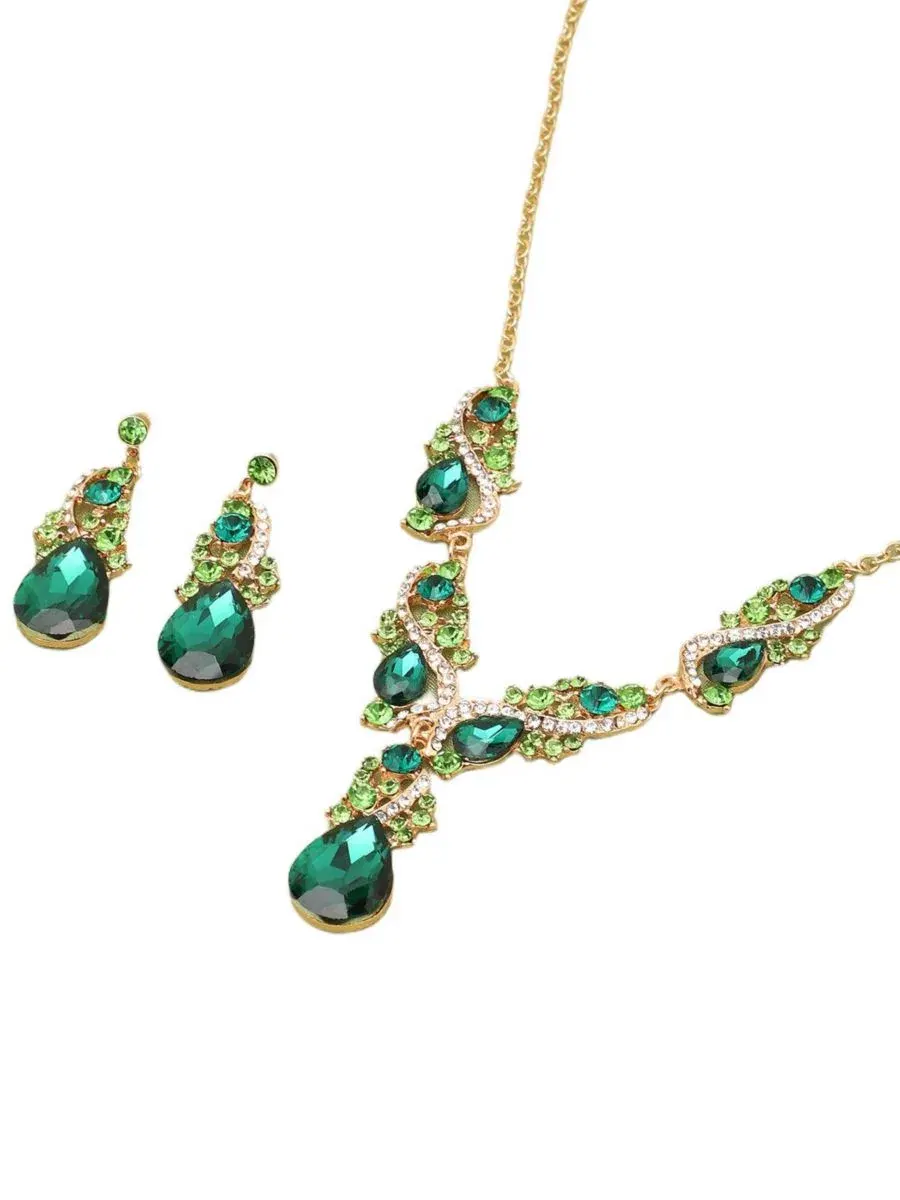 Комплект украшений с зелеными камнями Ethnic Jewellery Set SOHI — изображение 1 из 6, оттенок золото