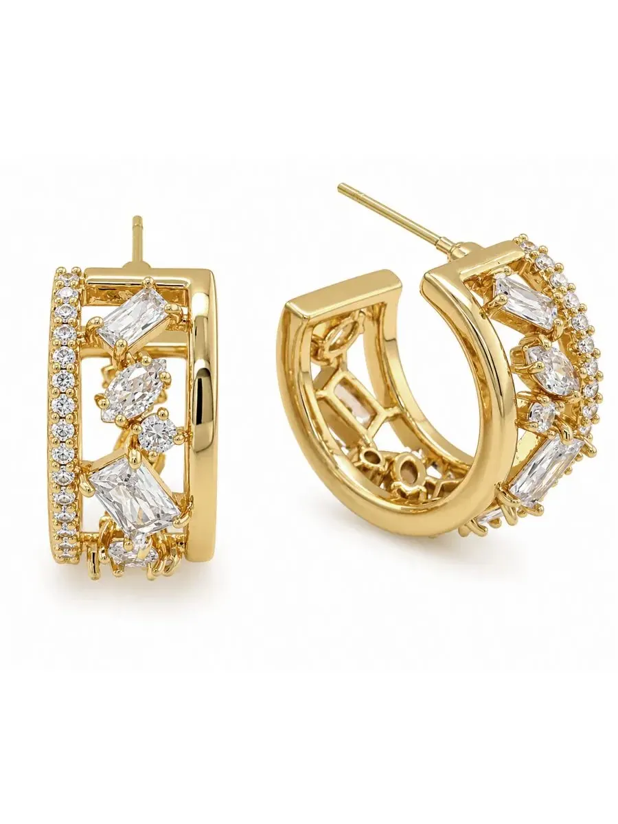 Серьги-кольца с кубическим цирконием, 14K позолота — изображение 1 из 5, оттенок золото