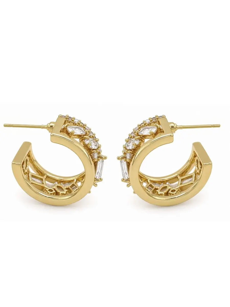 Серьги-кольца с кубическим цирконием, 14K позолота — изображение 2 из 5, оттенок золото