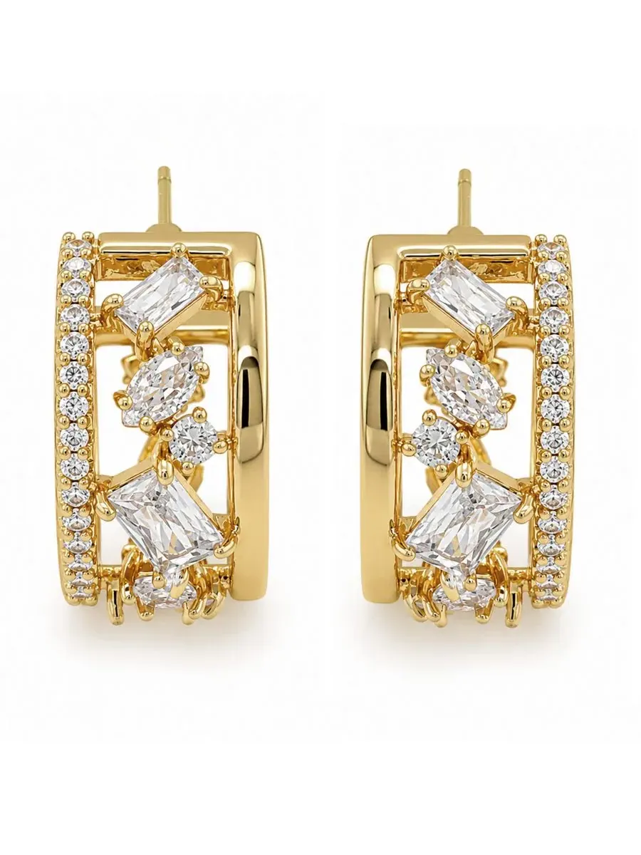 Серьги-кольца с кубическим цирконием, 14K позолота — изображение 3 из 5, оттенок золото