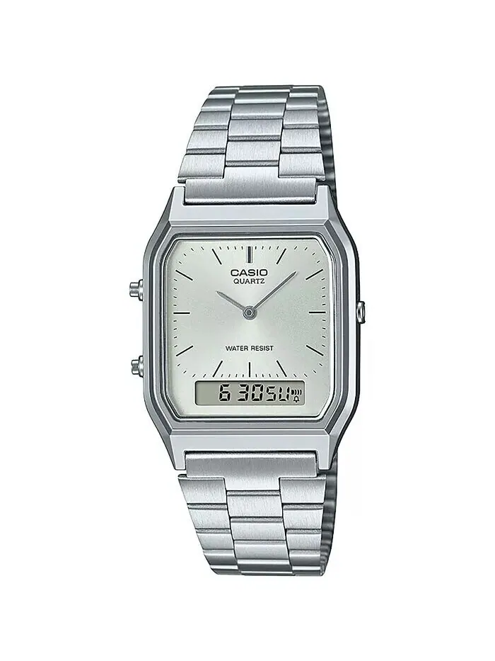 Унисекс Аналоговые цифровые часы Casio из нержавеющей стали серебристого цвета, 29,8 мм