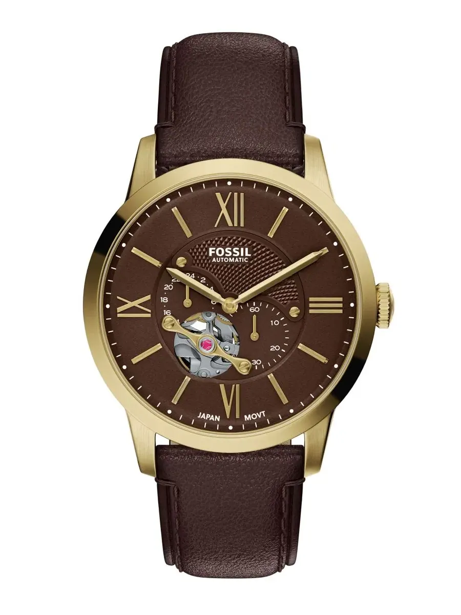 Мужские часы Townsman Automatic с коричневым кожаным ремешком, 44 мм Fossil — изображение 1 из 5, оттенок коричневый