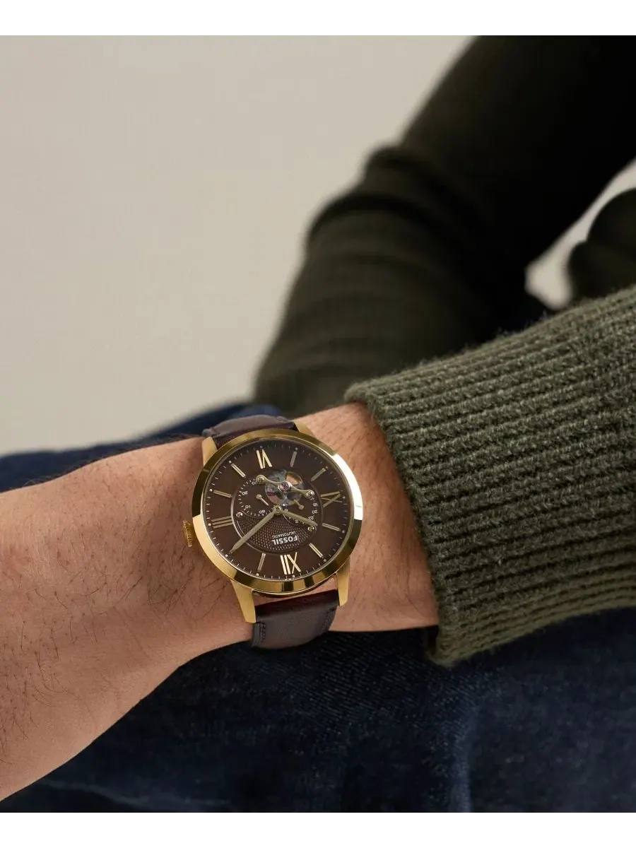 Мужские часы Townsman Automatic с коричневым кожаным ремешком, 44 мм Fossil — изображение 5 из 5, оттенок коричневый