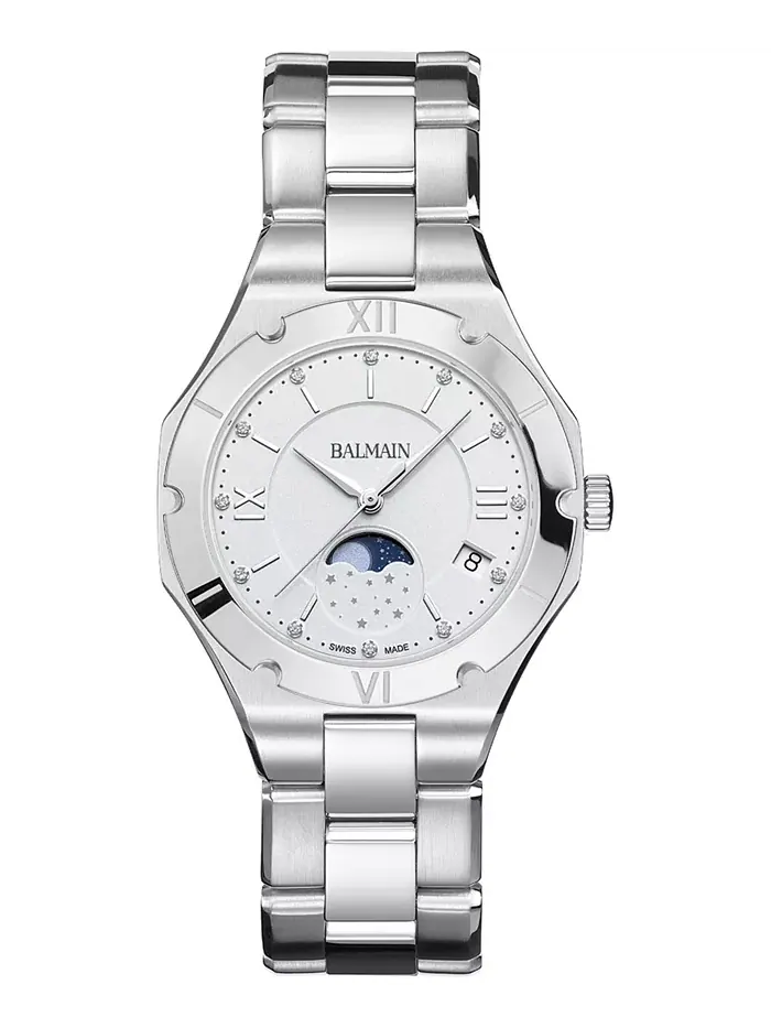 Женские часы Swiss Be Balmain Moonphase Diamond (1/20 ct. t.w.) на стальном браслете, 33 мм