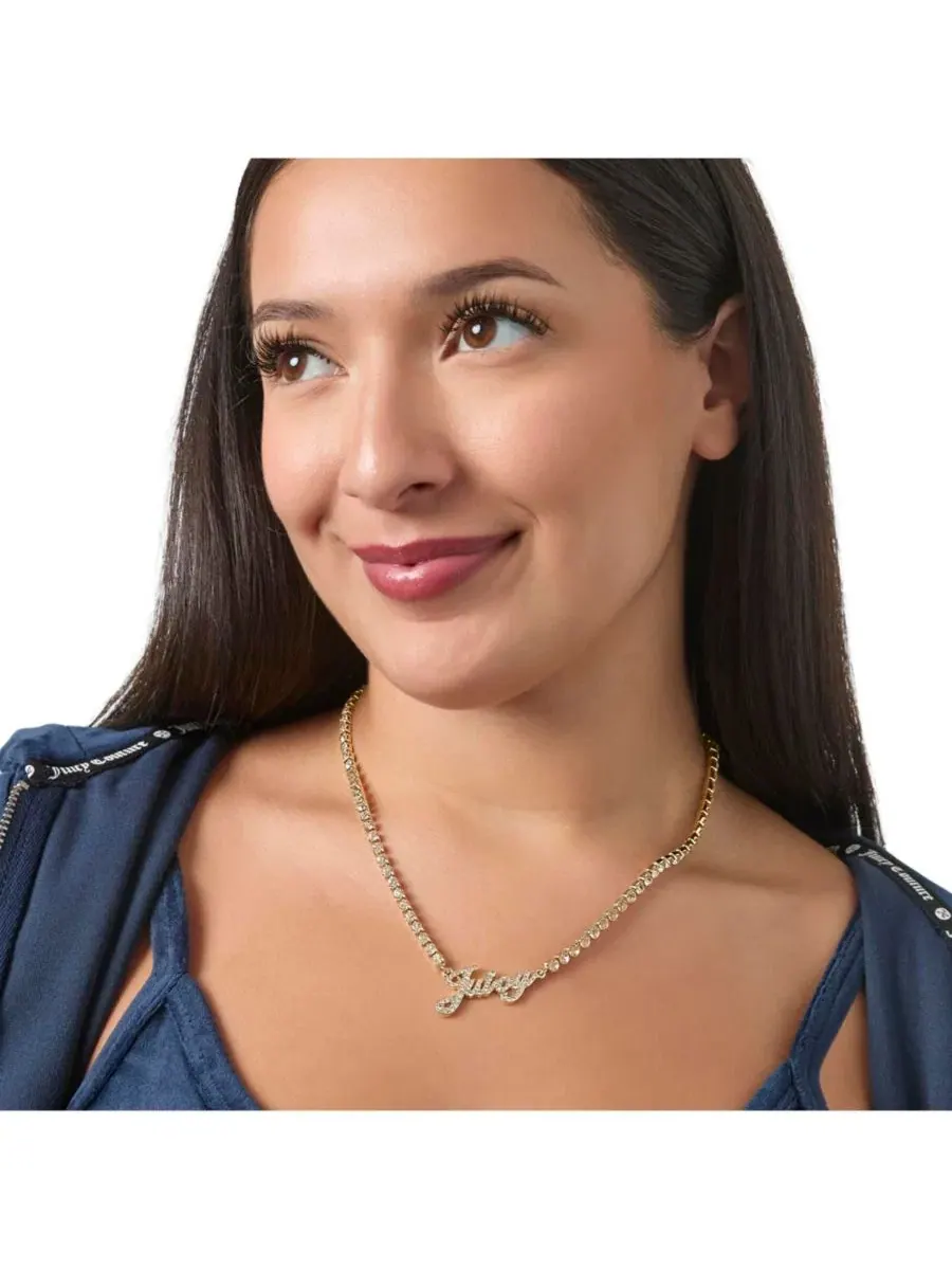 Колье с логотипом и цепочкой, инкрустированной стразами Juicy Couture — изображение 4 из 7, оттенок золото