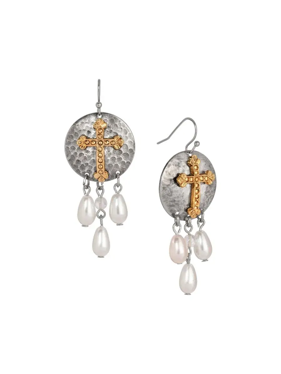 Серьги-подвески с крестом и жемчугом, модель Cross With Drop Faux Pearls Symbols of Faith