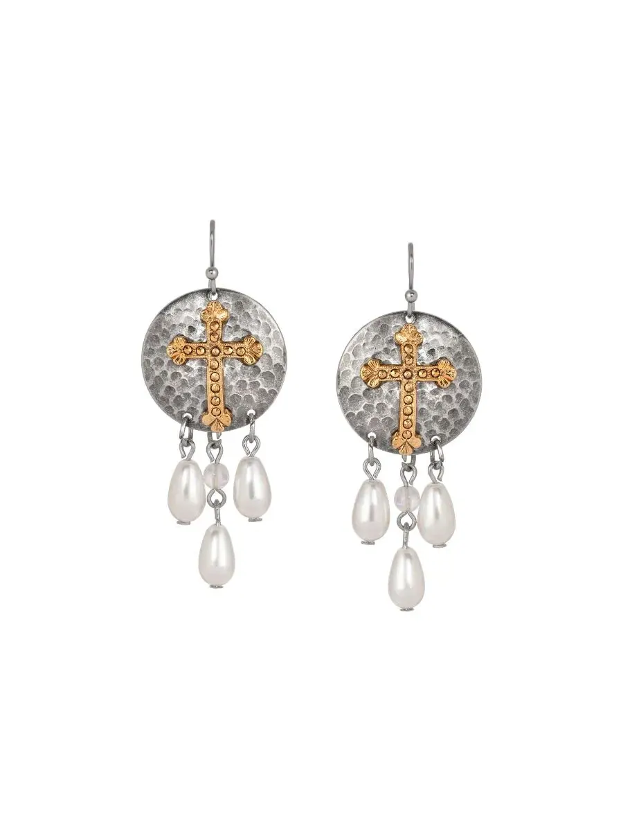 Серьги-подвески с крестом и жемчугом, модель Cross With Drop Faux Pearls Symbols of Faith — изображение 2 из 3, оттенок белый