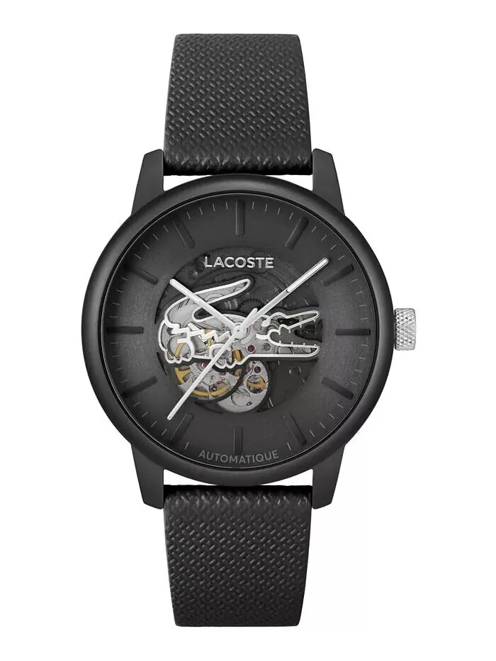 Мужские часы Lacoste L.12.12 Automatique с черным кожаным ремешком — изображение 1 из 5, оттенок черный