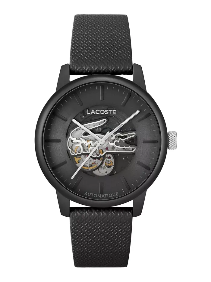 Мужские часы L.12.12 Automatique с черным кожаным ремешком, 44 мм Lacoste — изображение 1 из 9