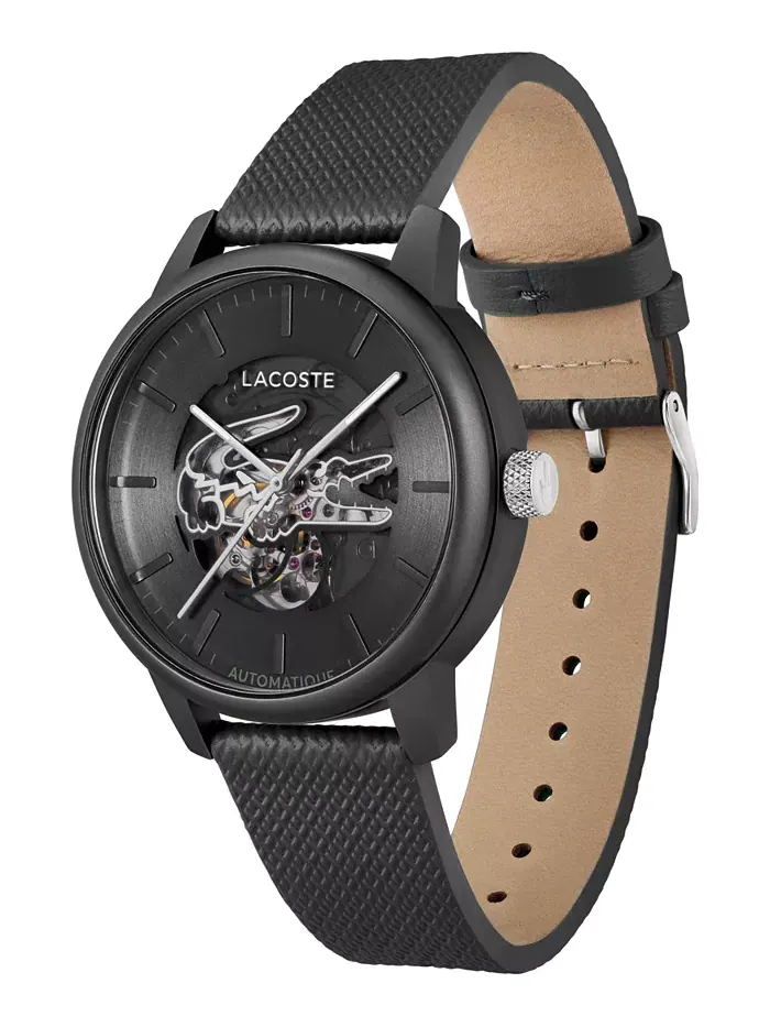 Мужские часы L.12.12 Automatique с черным кожаным ремешком, 44 мм Lacoste — изображение 4 из 9