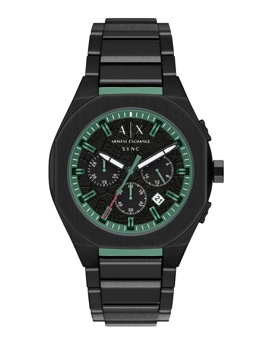 Мужские кварцевые часы-хронограф Armani Exchange Sync, черная нержавеющая сталь, 44 мм A|X Armani