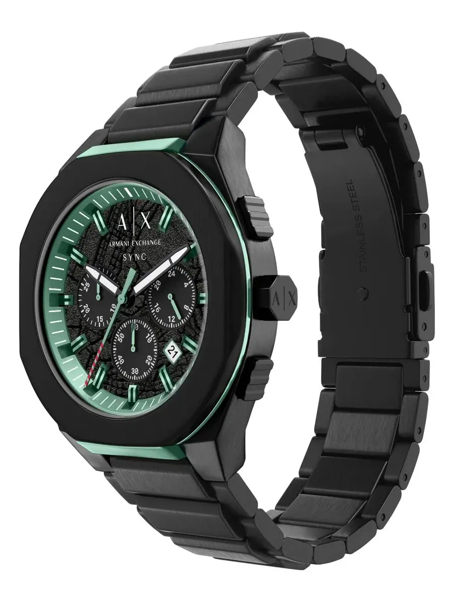 Мужские кварцевые часы-хронограф Armani Exchange Sync, черная нержавеющая сталь, 44 мм A|X Armani — изображение 4 из 8