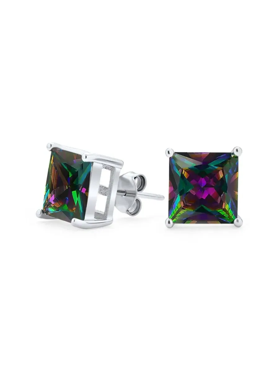 Серьги-пусеты из стерлингового серебра с кубическим цирконием Mystic Rainbow Square Princess Cut CZ