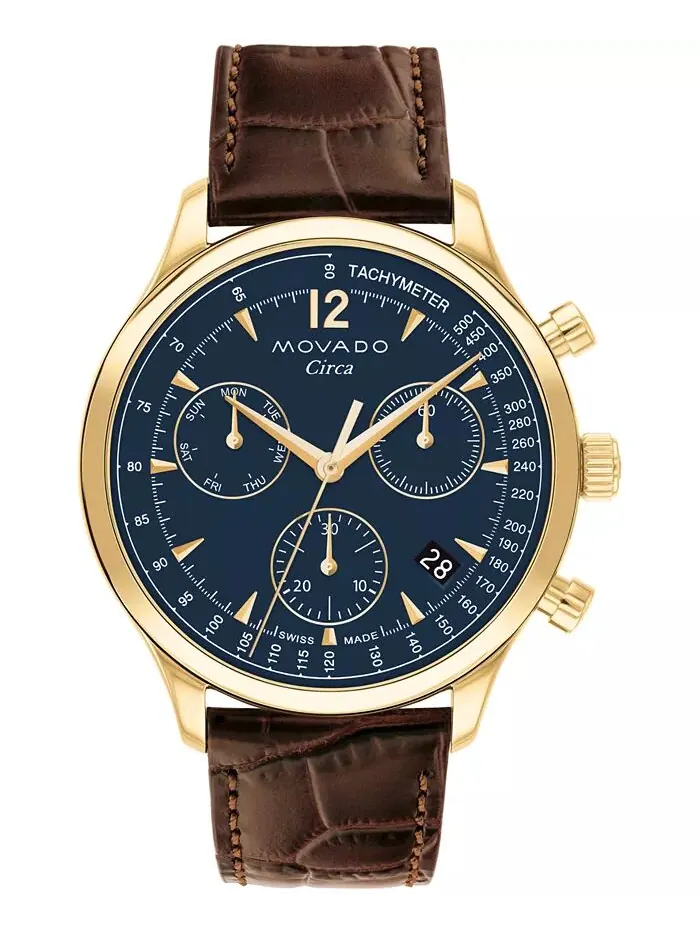 Мужские часы Circa Swiss Quartz Chrono Brown Leather 43 мм Movado — изображение 1 из 3