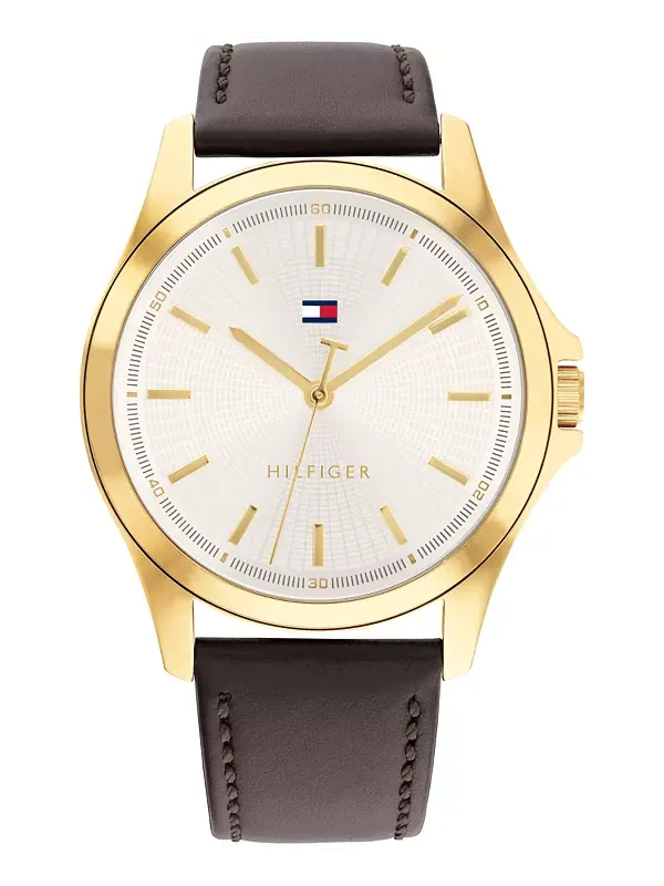 Мужские кварцевые часы с темно-коричневым кожаным ремешком, 42 мм Tommy Hilfiger