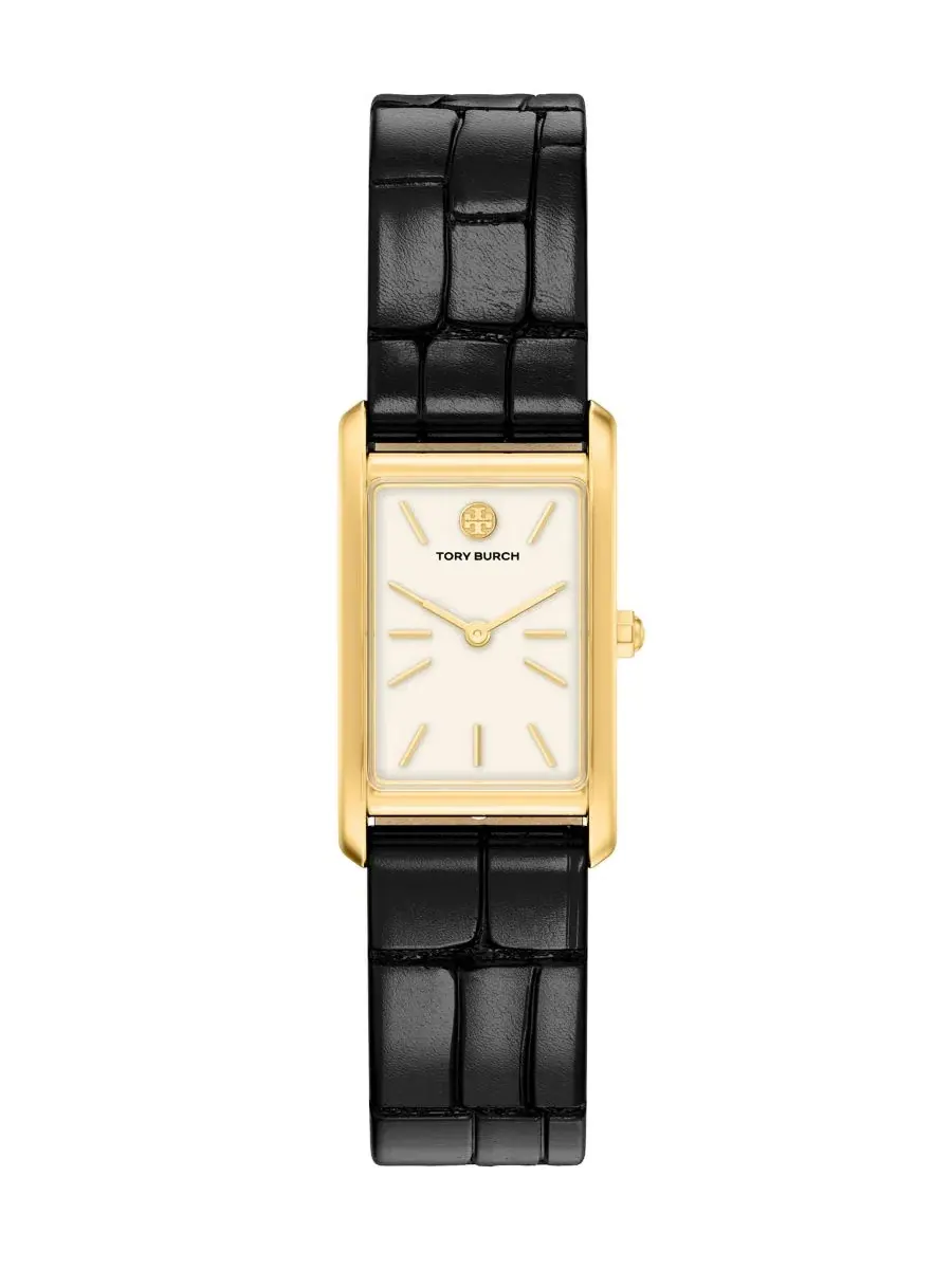 Женские часы The Eleanor Slim Quartz Two-Hand Black Leather Watch Tory Burch, 22 мм