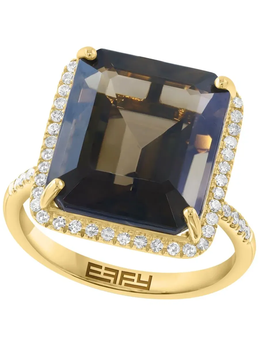 Кольцо с дымчатым кварцем (9 ct. t.w.) и бриллиантами (1/4 ct. t.w.) в 14-каратном желтом золоте — изображение 1 из 4