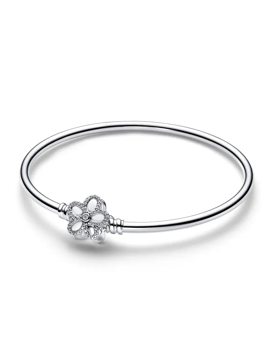 Браслет-пружинка с цветочным мотивом Pavé Flower Bangle Pandora — изображение 1 из 3, оттенок серебристый