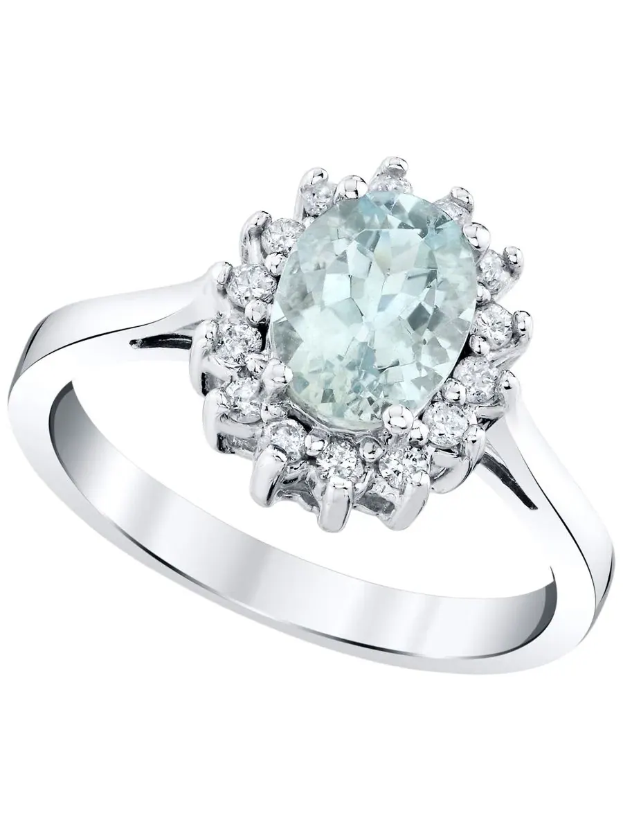 Кольцо с аквамарином и бриллиантами в белом золоте 14 карат, Aquamarine (1-1/10 ct. t.w.) & Diamond — изображение 1 из 3