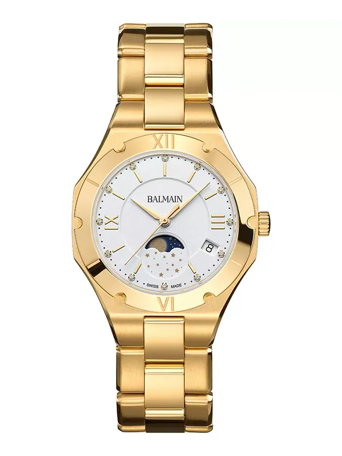 Женские часы Swiss Be Balmain Moonphase Diamond (1/20 ct. t.w.) с бриллиантами, позолоченные PVD