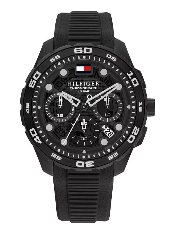 Мужские часы-хронограф с черным силиконовым ремешком, 44 мм Tommy Hilfiger — изображение 1 из 4, оттенок черный