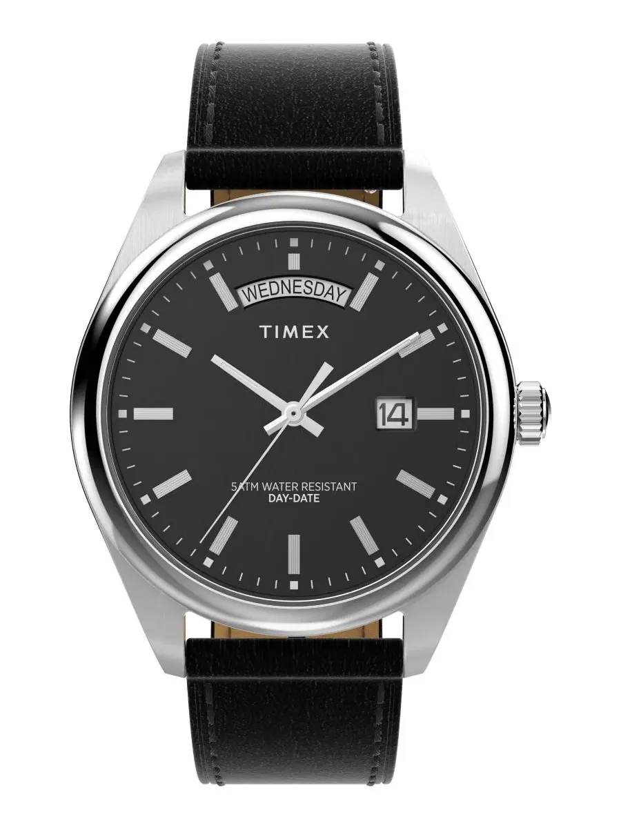Мужские аналоговые часы с черным кожаным ремешком, 41 мм Timex