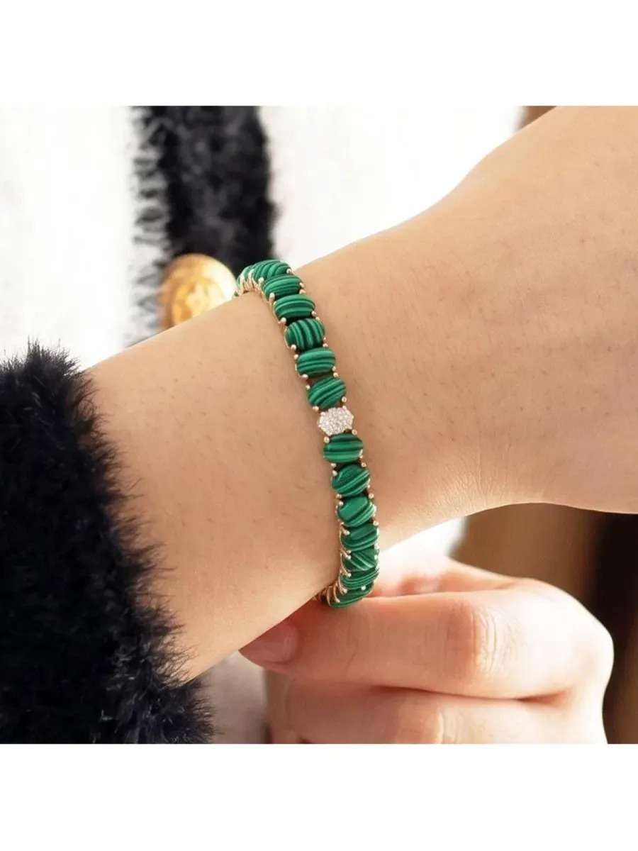 Браслет-теннис с овальными малахитами и цирконием, модель Oval Malachite CZ Tennis Bracelet The — изображение 2 из 3