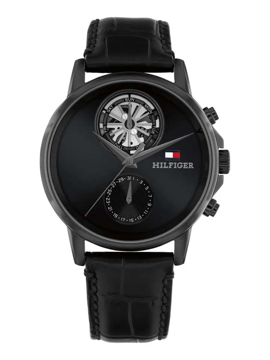Мужские многофункциональные часы с черным кожаным ремешком, 40 мм Tommy Hilfiger