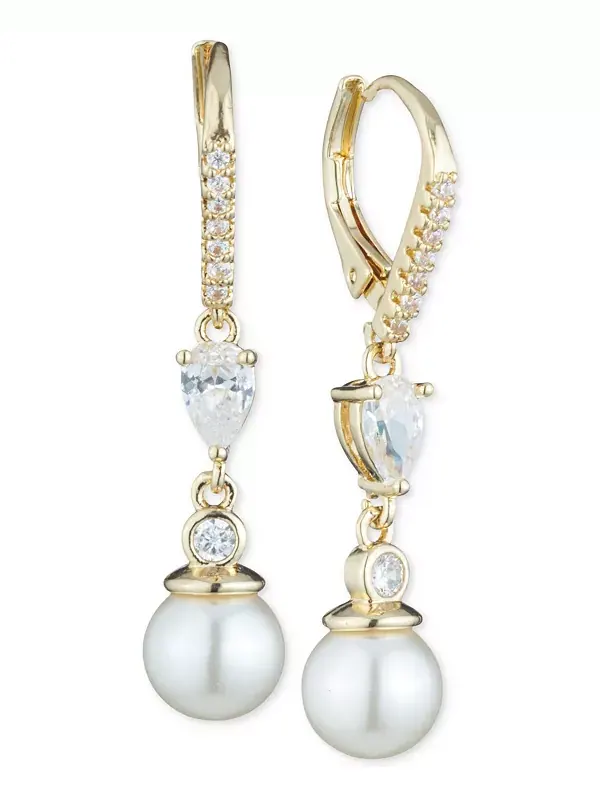 Серьги-Подвески с искусственным жемчугом и кристаллами Anne Klein — изображение 1 из 2, оттенок золото
