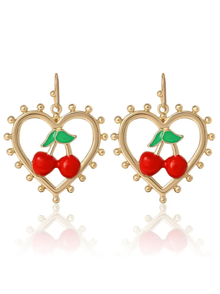 Серьги-подвески с сердечками и вишнями Cherry Heart Drop Juicy Couture — изображение 1 из 8, оттенок золото