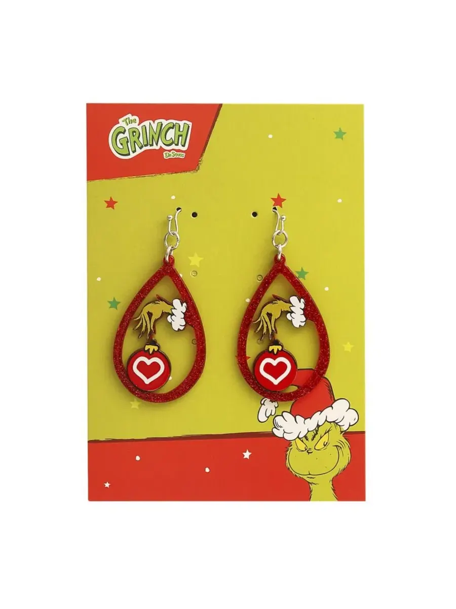 Серьги-подвески с рукой Гринча и сердцем Dr. Seuss — изображение 6 из 6, оттенок зеленый красный
