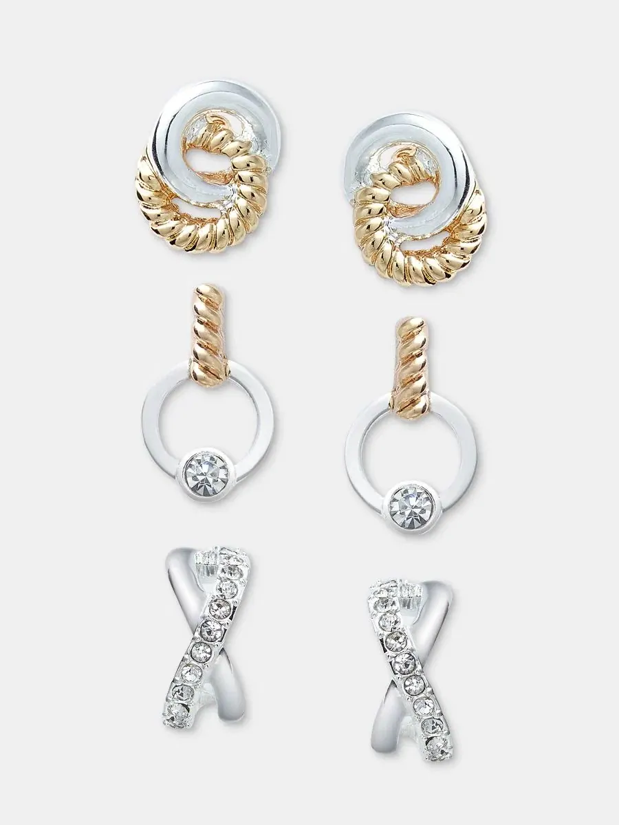Комплект из 3 пар серег с кристаллами, модель Pavé Twisted Anne Klein — изображение 1 из 3, оттенок белый