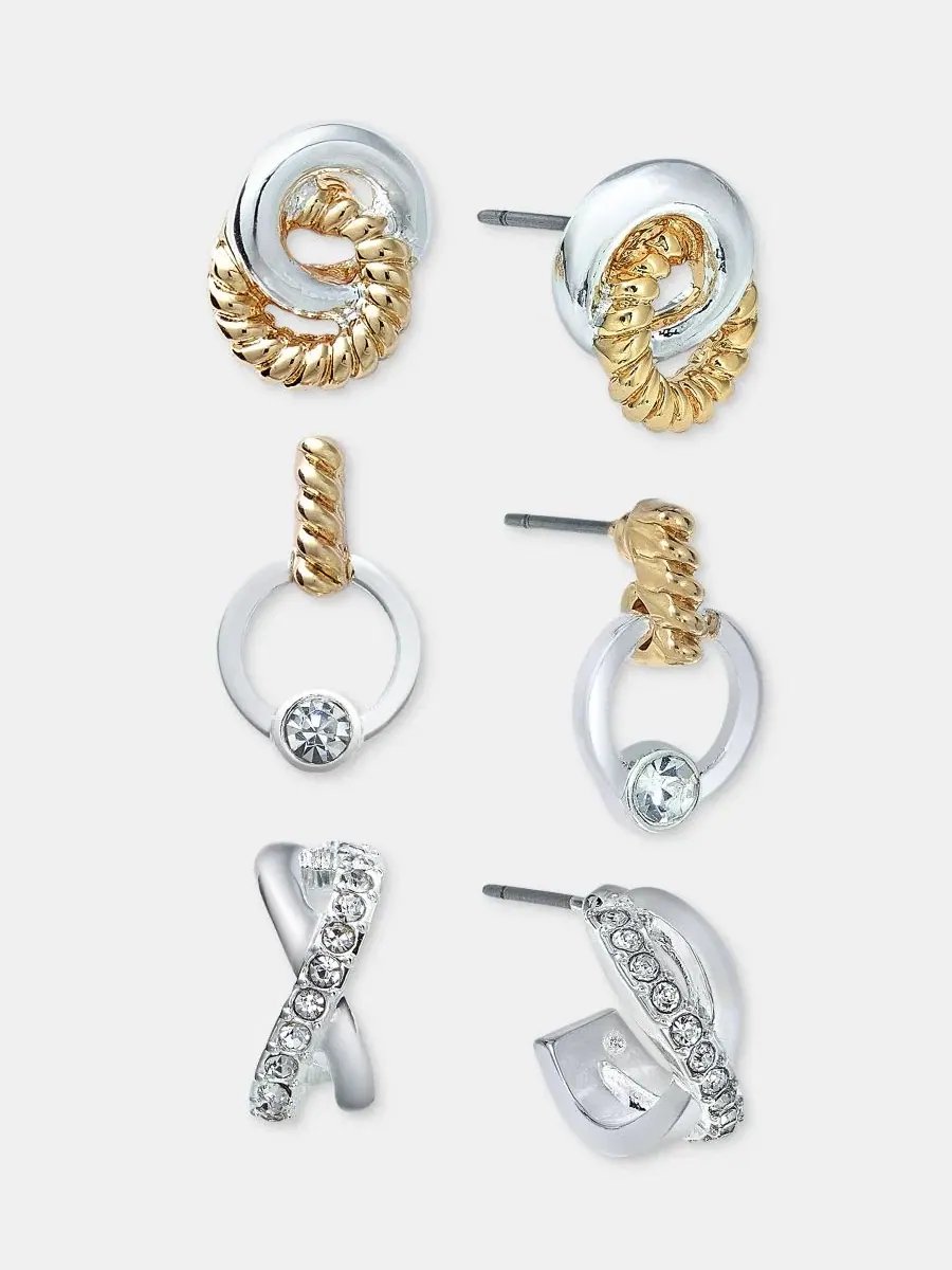 Комплект из 3 пар серег с кристаллами, модель Pavé Twisted Anne Klein — изображение 2 из 3, оттенок белый