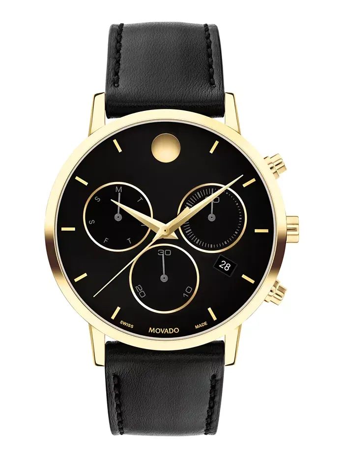 Мужские часы Museum Classic Swiss Quartz Chronograph с черным кожаным ремешком, 42 мм Movado — изображение 1 из 3