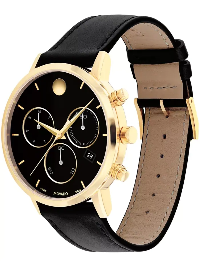 Мужские часы Museum Classic Swiss Quartz Chronograph с черным кожаным ремешком, 42 мм Movado — изображение 2 из 3