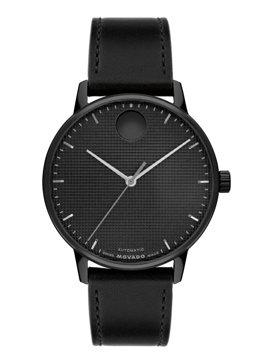 Мужские часы Movado Face Automatic с черным кожаным ремешком, 39 мм — изображение 1 из 3, оттенок черный